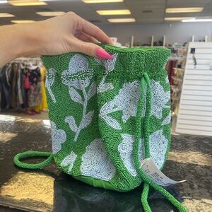 kate spade Green and White Beaded Drawstring Mini Bag